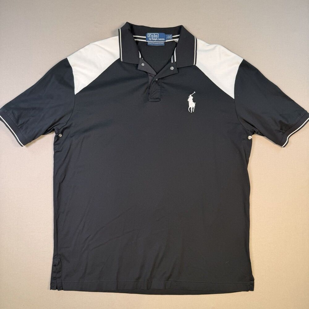 Y2K Polo Ralph Lauren Big Pony Mens Large Black White Moisture Mngmt EUC Pima
